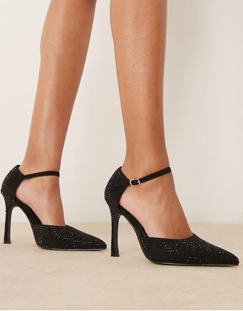 pointed high heeled court shoes in black embellished